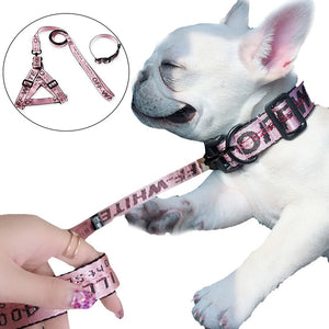 Fashion Lettered Pet Dog Collar Harness Leash Set 1.5cm Durable Nylon Rope Leads French Bulldog Puppy Walking Dogs Pet Supplies