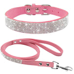 Adjustable Suede Leather Puppy Dog Collar Leash Set Soft Rhinestone Small Medium Dogs Cats Collars Walking Leashes Pink XS S M