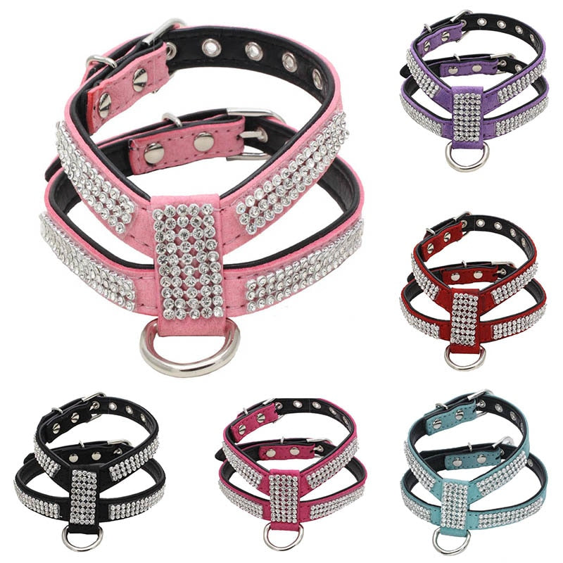 Dog Collar Adjustable Pet Products pet Necklace Dog Harness Leash Quick Release Bling Rhinestone 1 PC PU Leather